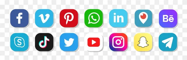 Popular social media logotype collection: Facebook, TikTok, instagram, twitter, youtube, linkedin, pinterest, periscope, vimeo. — стоковий вектор