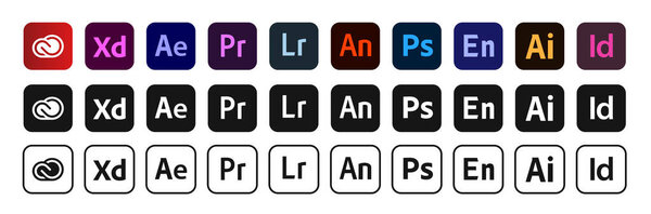 Kiev, Ukraine - November 6, 2021: Logotype set of adobe products. Editorial vector.