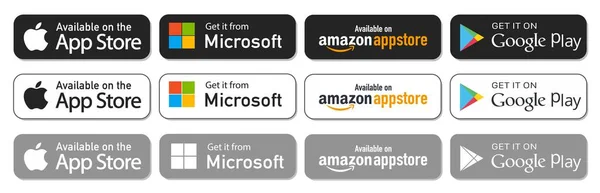 Kiev, Ukrayna - 7 Kasım 2021: Buttons Google Play Store, Amazon AppStore, Apple App Store, Microsoft 