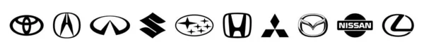 Kiev, Ucrânia - 15 de novembro de 2020: Coleção de logotipos de carros japoneses impressos em papel branco: Mazda, Honda, Mitsubishi, Toyota, Nissan, Subaru, Suzuki, Acura, Lexus, Infiniti — Vetor de Stock