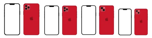 현실적 인 흉내를 내는 붉은 아이폰 13 은 모든 색상 과 모델을 설정하고, 흰색 화면이 달린 스마트폰을 흉내낸다 — 스톡 벡터