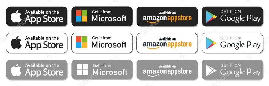 Kiev, Ukraine - November 7, 2021: Buttons Google Play Store, Amazon AppStore, Apple App Store, Microsoft store