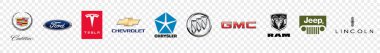Kiev, Ukrayna. 21 Kasım 2021: Amerikan otomobil markası logosu. Tesla, Dodge, Ford, Ram, Lincoln, Cadillac, beyaz jip