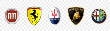 Kiev, Ukrayna, 14 Kasım 2020: İtalyan Araba Markaları Logo Koleksiyonu: Fiat, Maserati, Lamborghini, Ferrari, Alfa Romeo, vektör simgeleri
