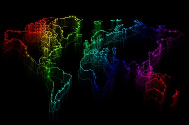 Neon anahat siyah arka plan üzerine Dünya Haritası