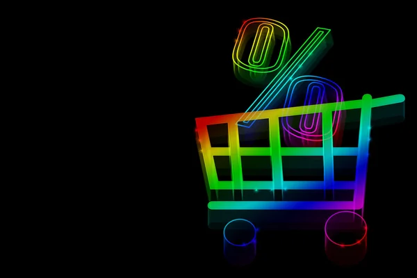 Neon symbol procenta slevy a nákupní vozík na černém pozadí s prostorem pro text — Stock fotografie