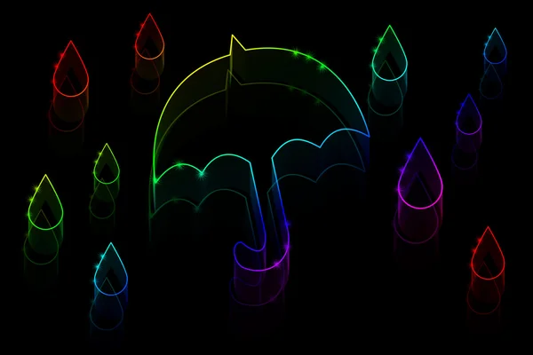 Neon umbrella and rain on a black background — Stock Photo, Image