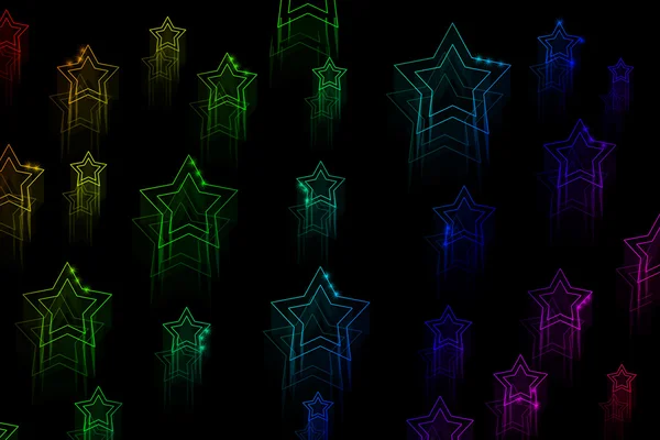 Lots of neon stars on a black background — Stock Photo, Image