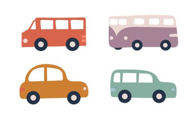 Beyaz arka planda dört pastel araba seti. El çizimi. Oyuncak arabalar