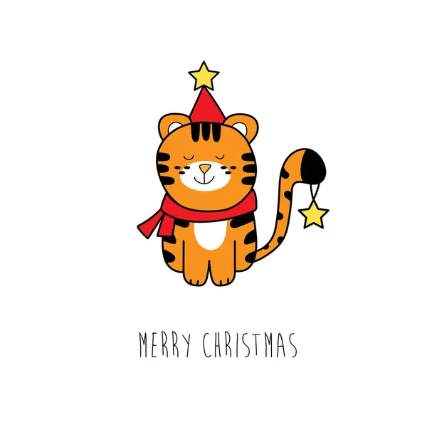 Kerstkaart. Leuke tijger in een nieuwjaar kostuum met sterren op wit — Stockvector