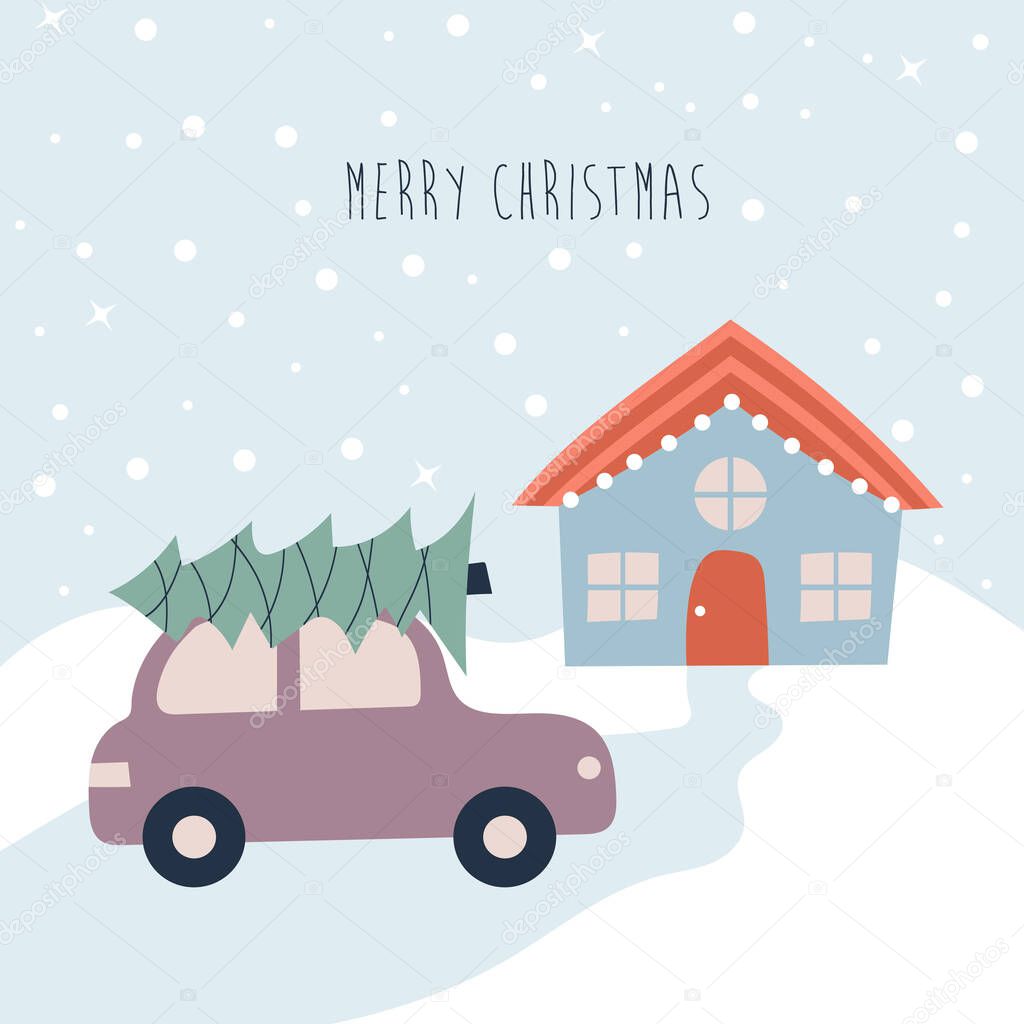 Country house and car with christmas tree on the roof. Vector illustration.
