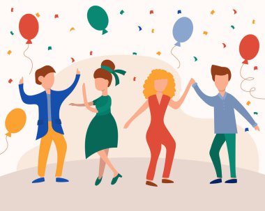 Dans eden insanlar. Mutlu erkekler ve kadınlar müziğe yöneliyor. Vektör