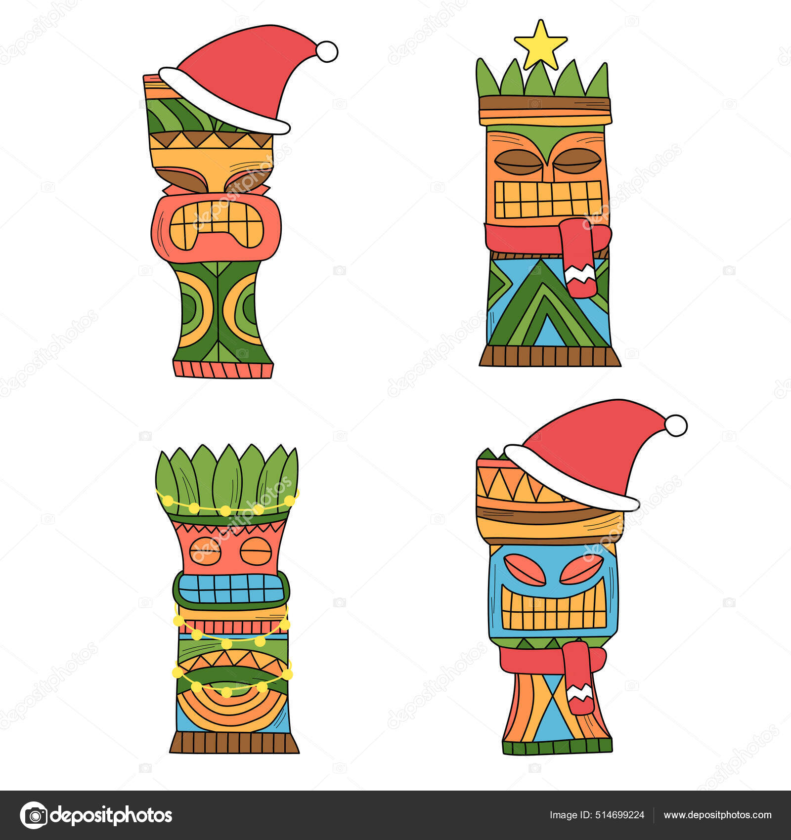 A set of tiki idols in Christmas decor. Colored idols for new year party  Stock Vector by ©Brill 514699224