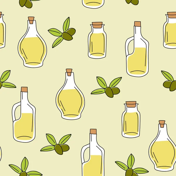 Arrière-plan avec huile d'olive en bouteille en verre - motif sans couture pour l'impression — Image vectorielle