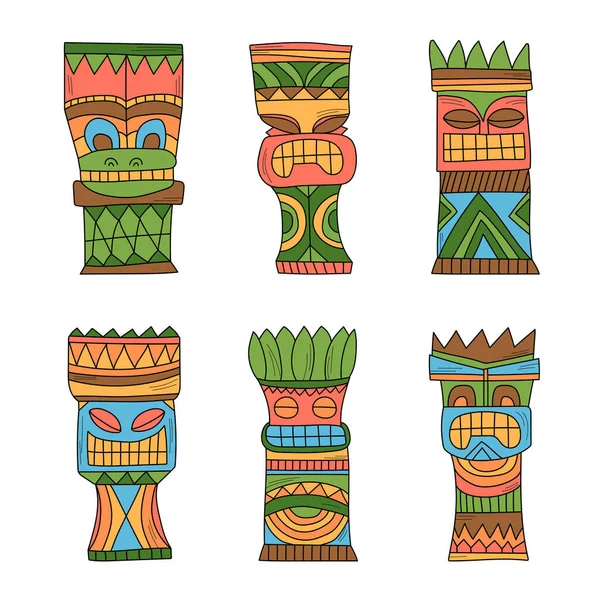 Idolos tiki polinesios de madera colorida, talla de estatua de dioses. Ilustración vectorial — Vector de stock