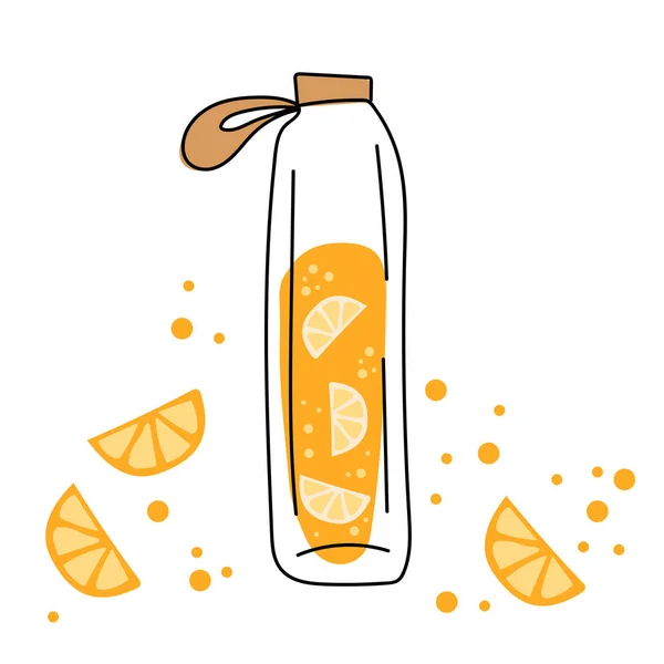 Szklana butelka i smaczny pomarańczowy napój. Napój pomarańczowy - sok na białym — Wektor stockowy