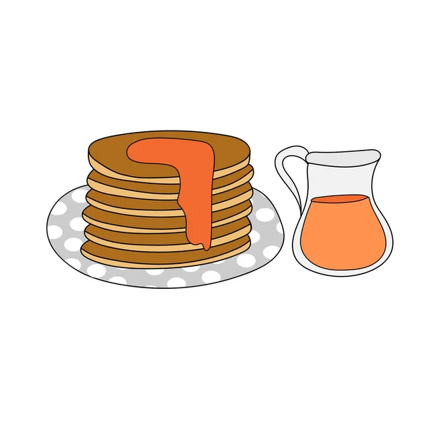 Pannenkoeken met ahornsiroop, met de hand getekend vector illustratie. — Stockvector