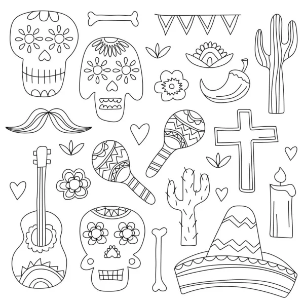 Ölüm Gününün Simgeleri, Meksika 'da geleneksel bir bayram. Kafatasları, çiçekler — Stok Vektör