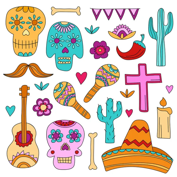 Ikon Hari Kematian, hari libur tradisional di Meksiko. Tengkorak, bunga - Stok Vektor