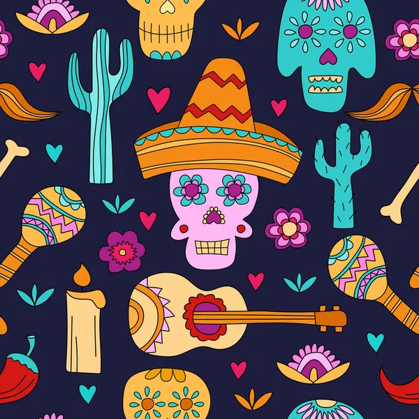 Patrón sin costuras para Dia de los muertos y Halloween. Calaveras de azúcar en azul oscuro — Archivo Imágenes Vectoriales