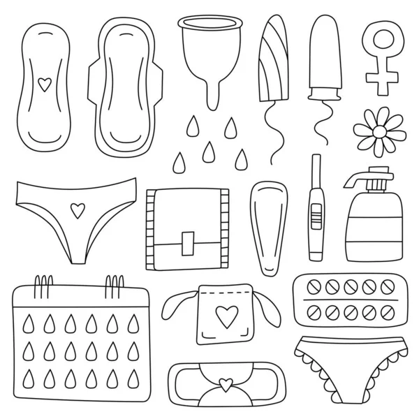 Weibliches Hygiene-Vektorset. Handgezeichnete Sammlung. Vektorillustration — Stockvektor
