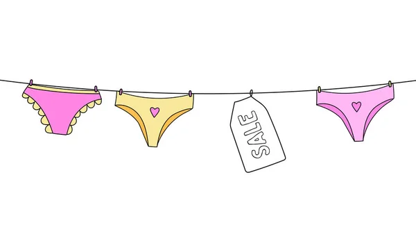 Verkauf und Rabatt. Set mit weiblicher Unterwäsche, die an der Wäscheleine hängt. Handgezeichnet — Stockvektor