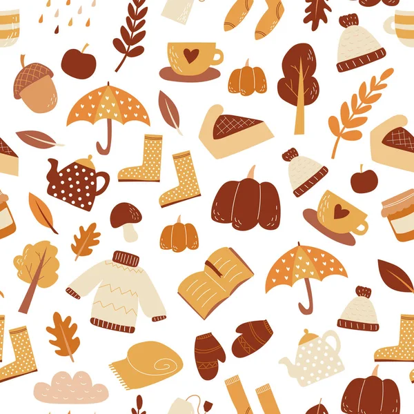 Nahtloses Muster der Herbst-Set von Gegenständen, Vektor-Tapete Doodle-Stil Herbst Stimmung — Stockvektor