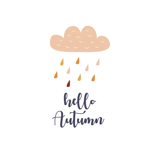 Diseño de tarjetas con texto hola otoño. Estilo dibujado a mano. Lluvia con gotas y nubes — Vector de stock