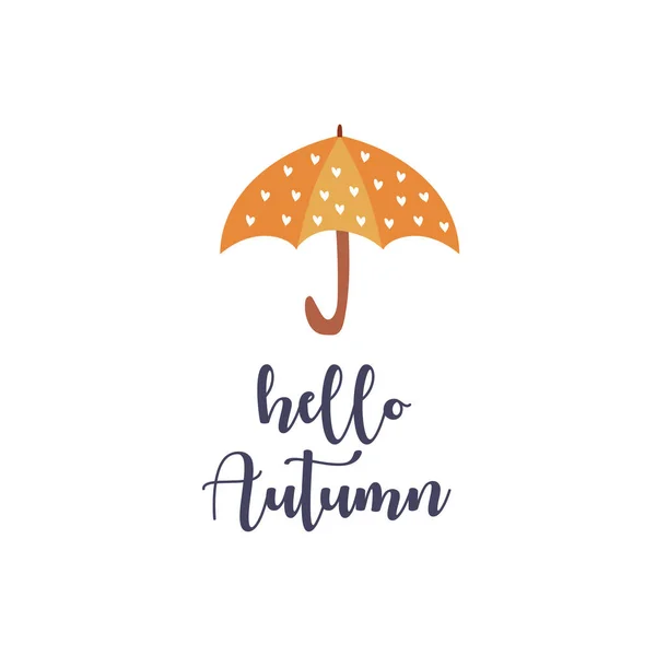 Herbstpostkarte mit der Aufschrift hallo Herbst und dem Bild eines Regenschirms — Stockvektor