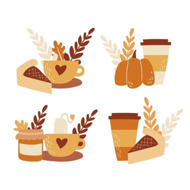 Sonbahar elementleri seti. Sıcak içecekler, reçelli çay, balkabaklı latte, turtalı kahve