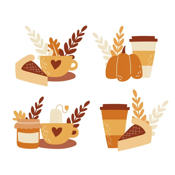 秋の要素のセット。ホットドリンク、ジャム付き紅茶、カボチャのラテ、パイ付きコーヒー — ストックベクタ