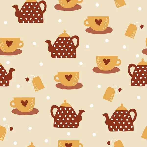 Vector seamless pattern with cups, teapot, tea bag. Teatime. — Stock Vector
