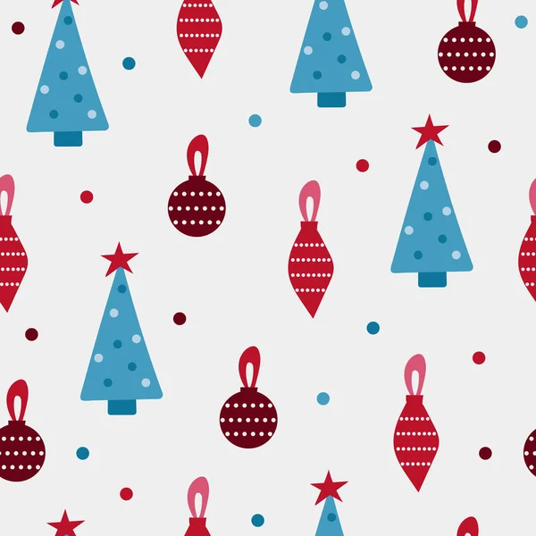 シームレスなベクトルパターン-クリスマスツリーとクリスマスのおもちゃ。赤と青 — ストックベクタ
