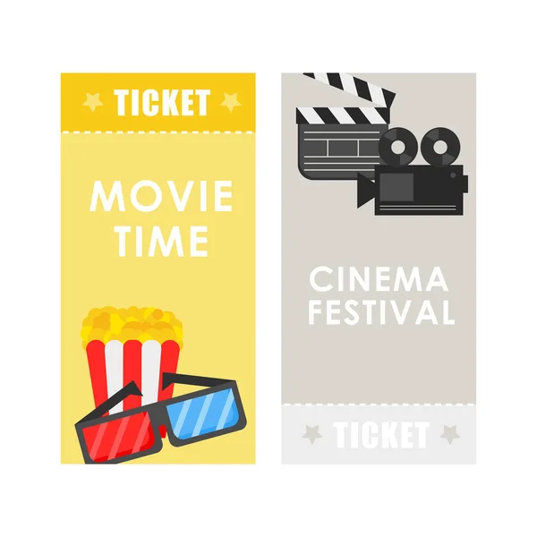 Cartaz conceito de cinema ou modelo de ingresso com pipoca e equipamentos de cinema — Vetor de Stock