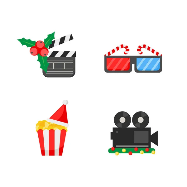 Cinema de Natal. Conjunto de ícones de Natal - tema do filme. Desenho de desenho animado colorido — Vetor de Stock
