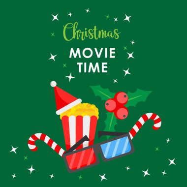 Noel filmi zamanı. Yeşil üzerine çizgi film afişi, patlamış mısır ve 3D gözlük.