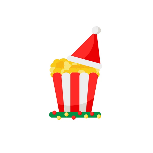 Karácsonyi ikon - popcorn. Mikulás kalap egy doboz sózott popcornon. Újévi filmek — Stock Vector