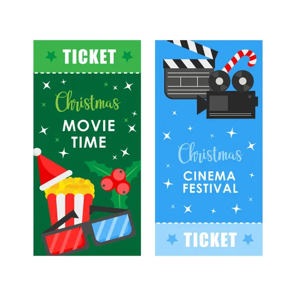 Poster conceito de cinema de Natal ou modelo de ingresso com pipocas e equipamentos — Vetor de Stock