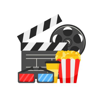 Düz dizayn tarzında sinema seti. Patlamış mısır, soda ya da kahve, film alkışları ve makarası