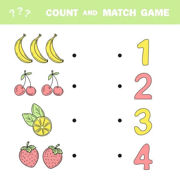 Zähl- und Streichspiel. Zählen Sie die Anzahl der Früchte und stimmen Sie mit den richtigen Zahlen überein — Stockvektor