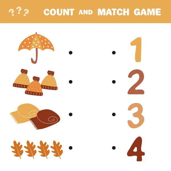 Zähl- und Streichspiel. Zählen Sie die Menge Herbstartikel und stimmen Sie mit Zahlen überein — Stockvektor
