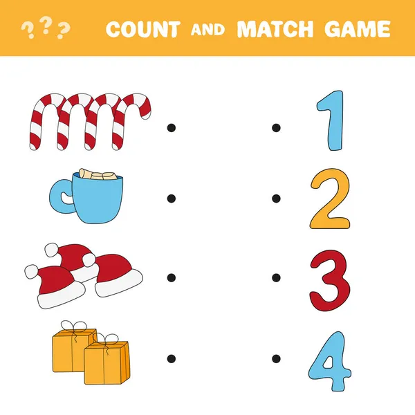 Zähl- und Streichspiel. Zählen Sie die Menge an Winter- und Weihnachtsartikeln und passen Sie dazu — Stockvektor