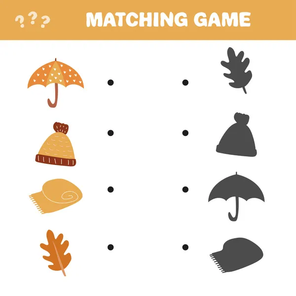 Egyezik a játék. Keresse meg az őszi tárgyak helyes árnyékát. Játék gyerekeknek — Stock Vector