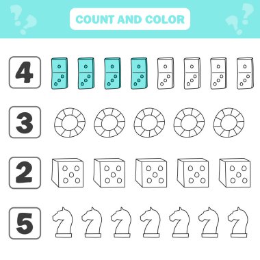 Anaokulu çocukları için sayım ve renk oyunu - masa oyunlarının öğeleri. Çalışma Tablosu