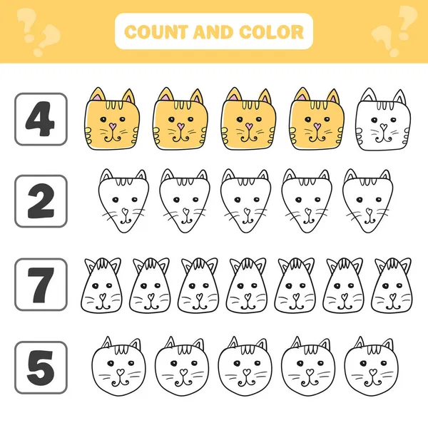 Hrabě a barevná hra pro předškolní děti - roztomilé kočky. List pro děti — Stockový vektor