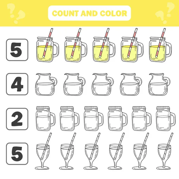 Počet a barevná hra pro děti předškolního věku - limonáda sklenice. List — Stockový vektor