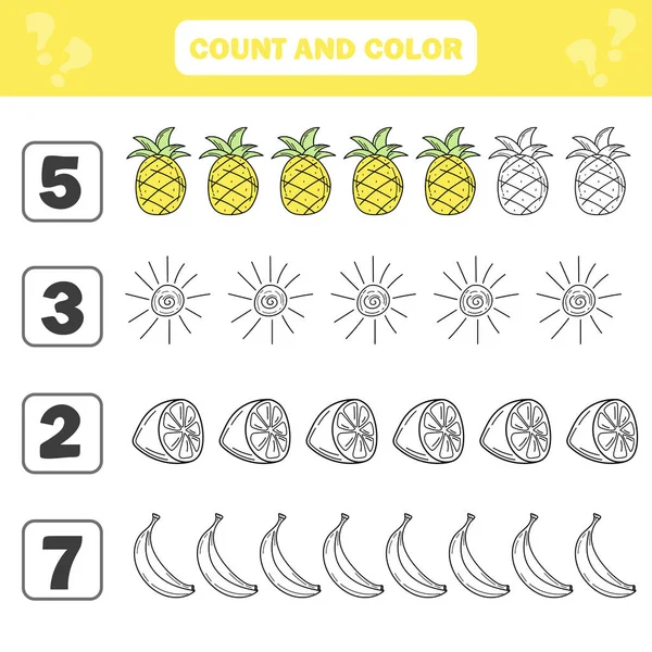 Conteo y juego de color para niños preescolares - artículos de verano y frutas — Archivo Imágenes Vectoriales