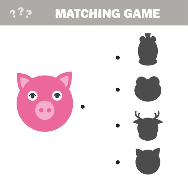 Shadow Matching Spiel. Cartoon Vector Illustration von rosa süßes Schwein — Stockvektor