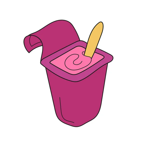 Ícone de desenho animado simples. Embalagem de plástico rosa com iogurte. Sabor de bagas — Vetor de Stock