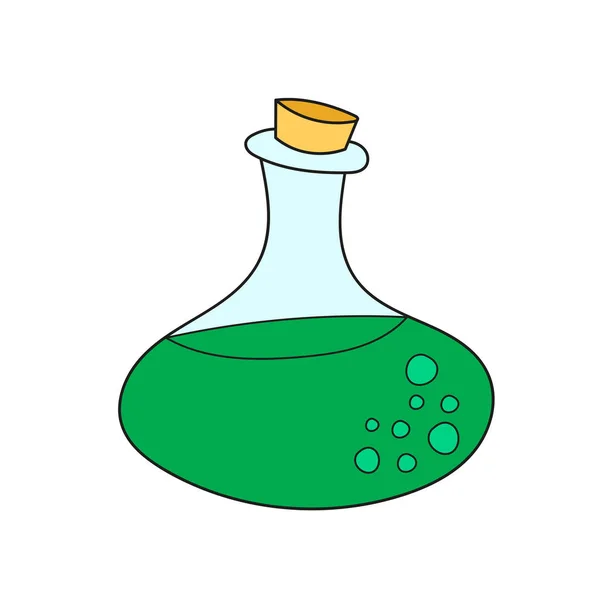 Eenvoudig tekenfilmicoon. Glazen fles met groen gif — Stockvector